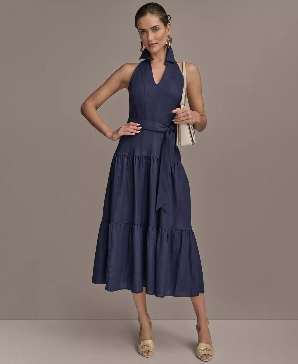 Donna Karan New York Size 4 Sleeveless Halter A-Line Belted Dress Navy,MSRP:199$